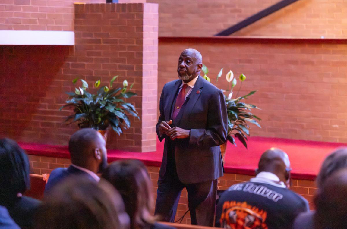 TU president Dr. Mark Brown speaking in the Chapel at town hall