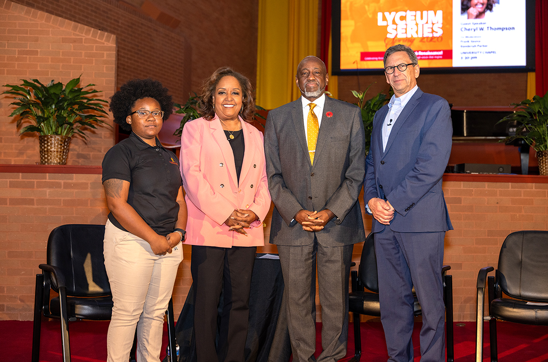 Lyceum speaker Cheryl Thompson with Dr Mark Brown, Frank Sesno, and Kembriah Parker