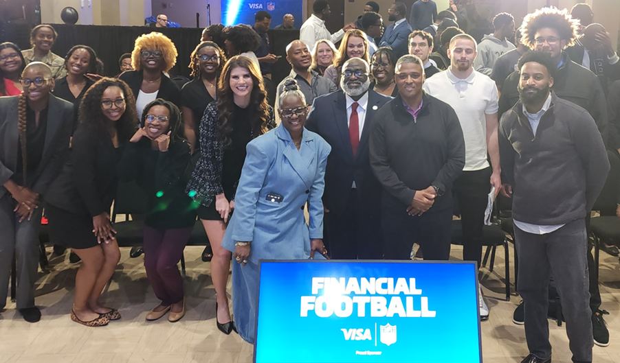 Warrick Dunn with TU Career Center Director Walter Cooper and reps from VISA, JP Morgan Chase and the NFL