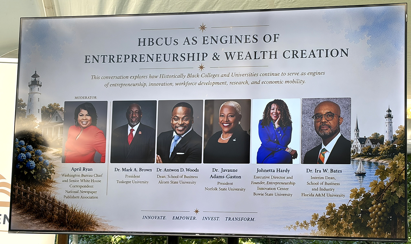 A poster showing headshots of panelists with their names and position titles