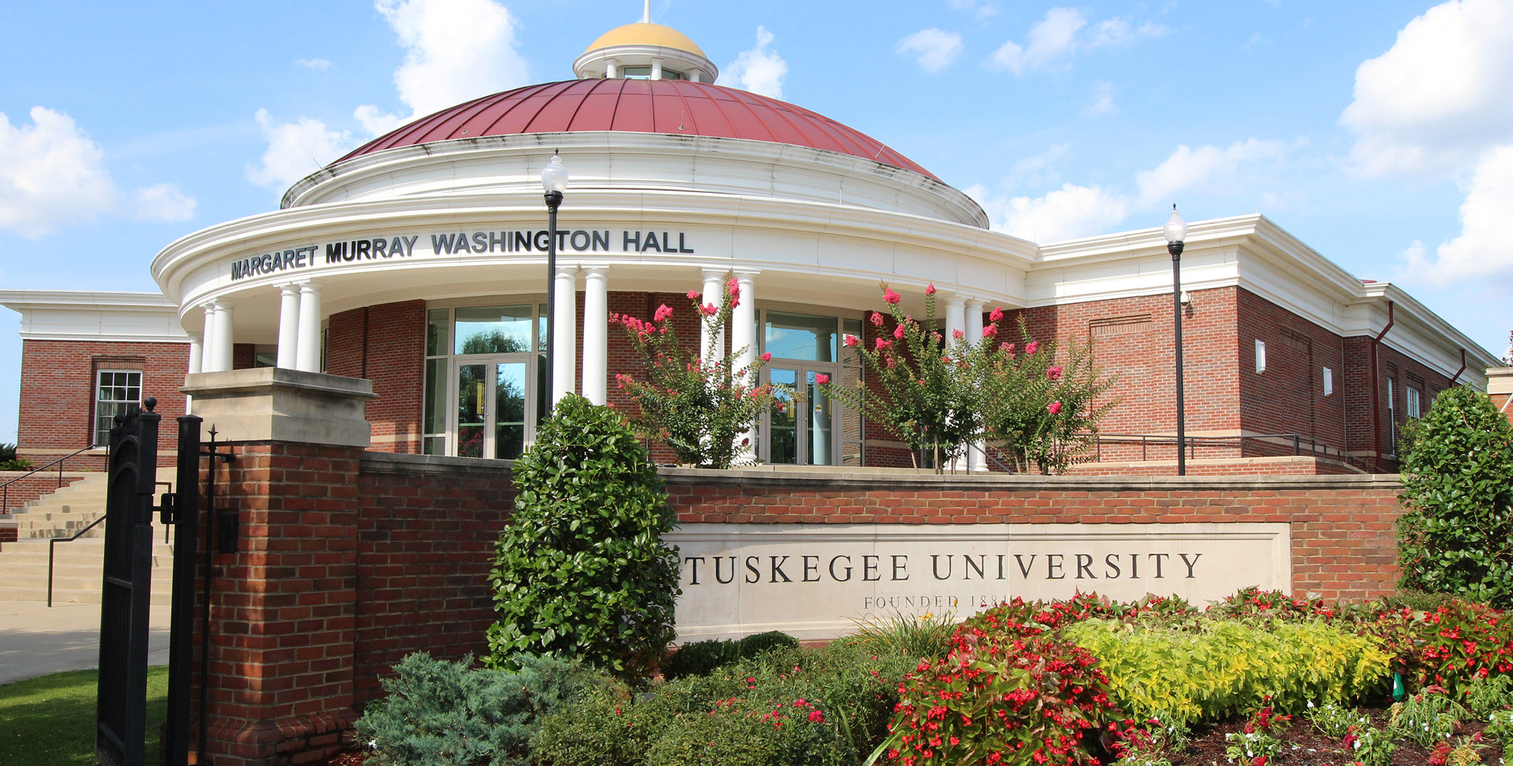 Margaret Murray Washington Hall (MMWH) at the front entrance to campus