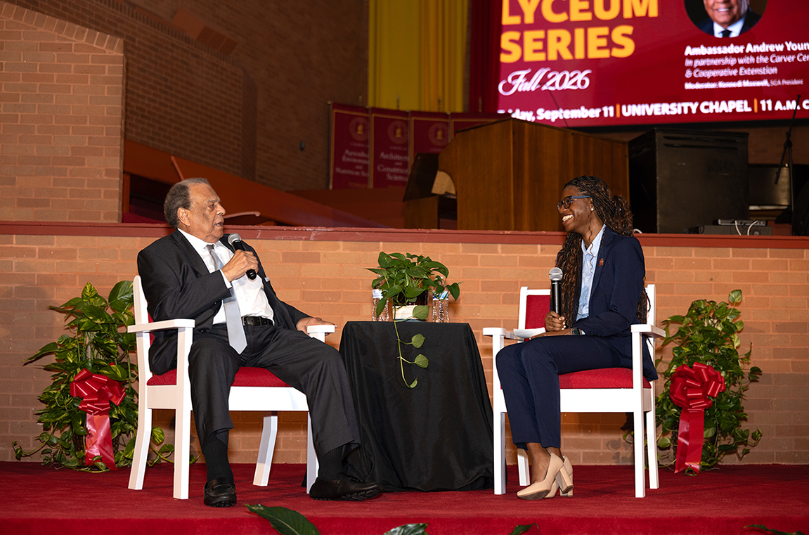 Ambassador Andrew J. Young being interviewed by TU student Kennedi Maxwell, who is SGA president