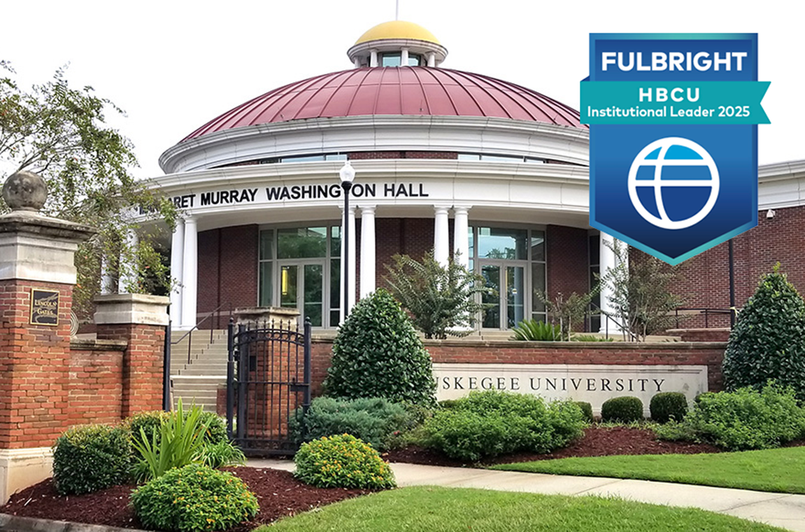 A University building with a Fulbright symbol